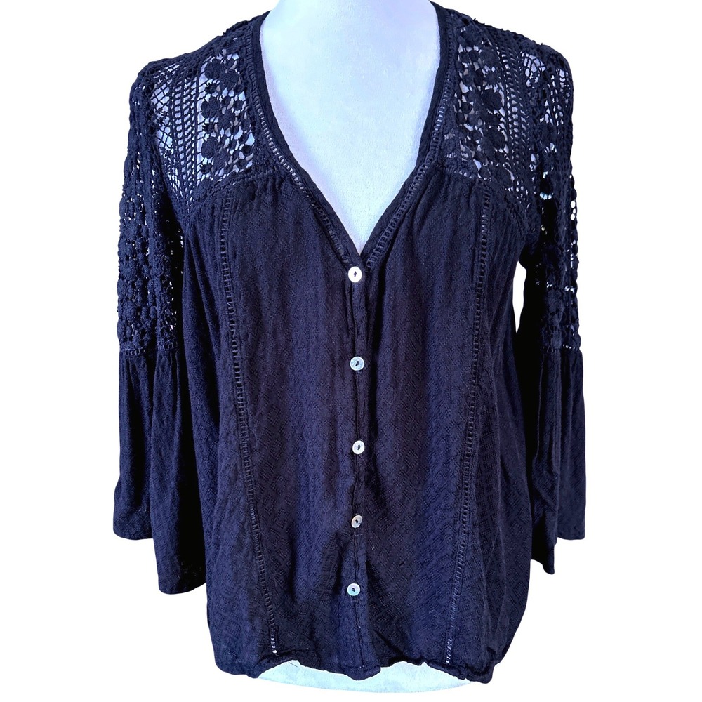 Lovestitch Crochet Lace Boho Blouse Women Black Bell Sleeve Button Front Top M